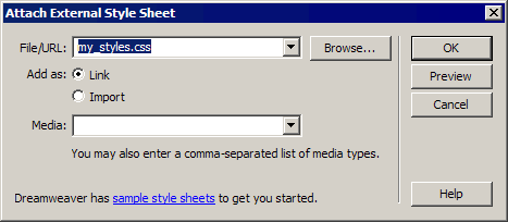 Attach Style Sheet dialog box