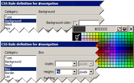 Background color and height properties