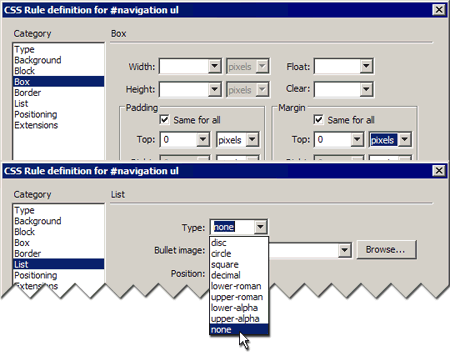 Padding and margins to 0px, list type to none