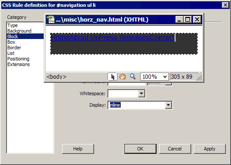 CSS Rule Definition dialog box and Document window