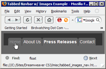 Tabbed image navigation bar