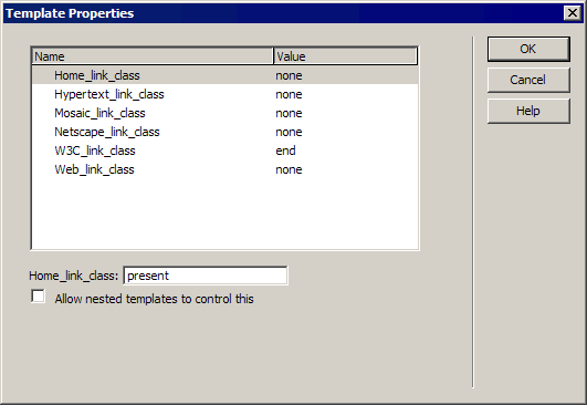 Template Properties dialog box