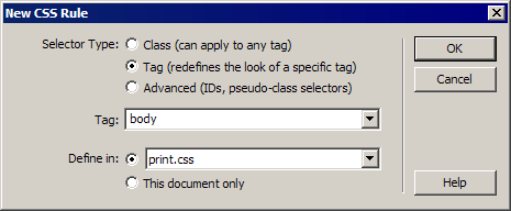 New CSS Rule dialog box