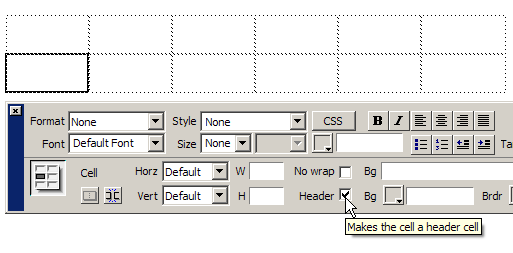 Table Cell Property Inspector Header check box