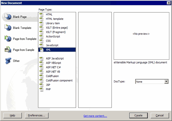 The New Document dialog box